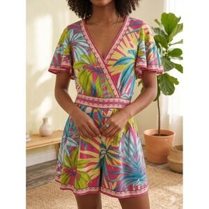 Flying Tomato Pink Tropical Palm Leaf Print Romper Medium